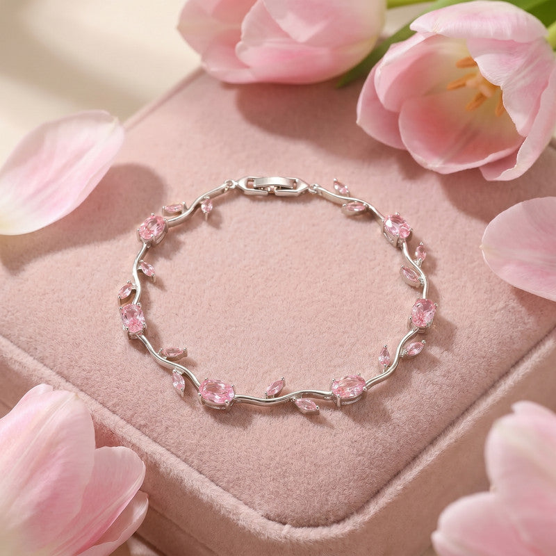 Silver Plated Pink Stones Studded Anti Tarnish Tulip Bracelet