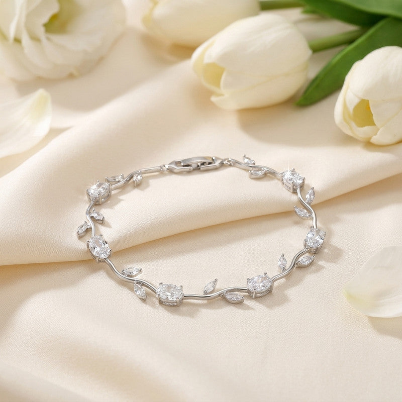 Silver Plated White Stones Studded Anti Tarnish Tulip Bracelet