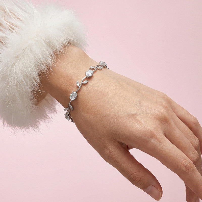 Silver Plated White Stones Studded Anti Tarnish Tulip Bracelet