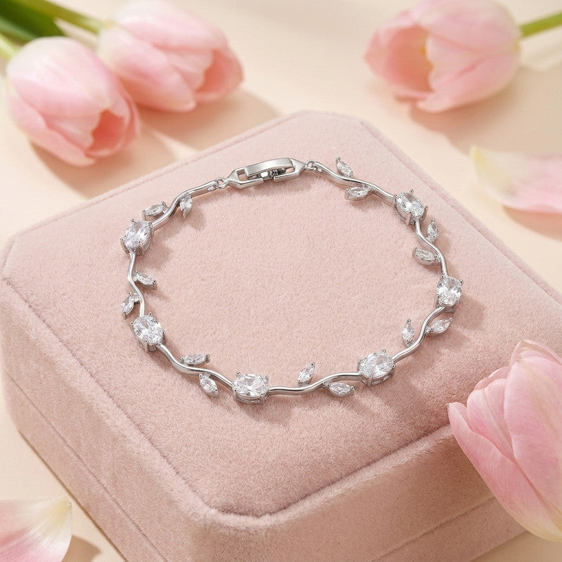 Silver Plated White Stones Studded Anti Tarnish Tulip Bracelet