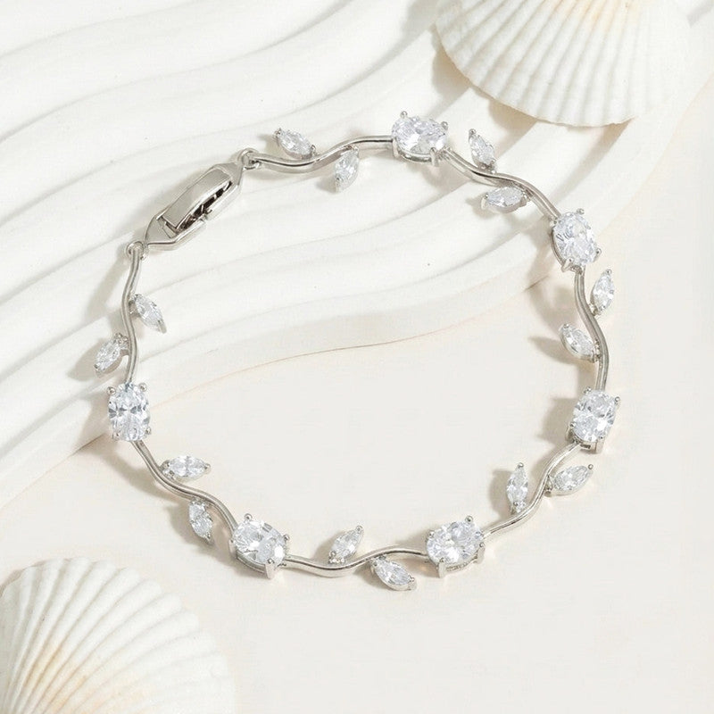 Silver Plated White Stones Studded Anti Tarnish Tulip Bracelet