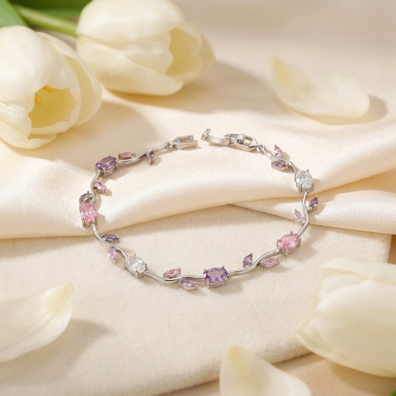 Silver Plated Multicolor Stones Studded Anti Tarnish Tulip Bracelet