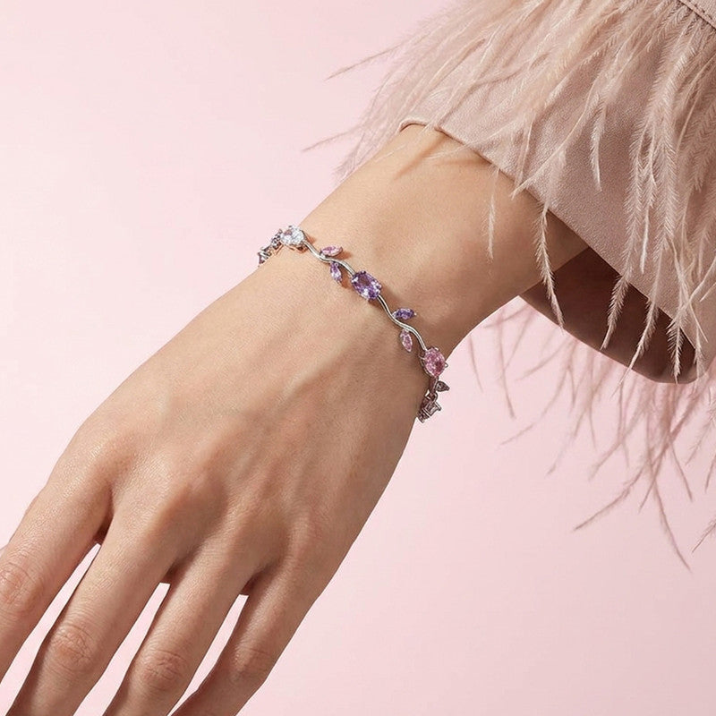 Silver Plated Multicolor Stones Studded Anti Tarnish Tulip Bracelet