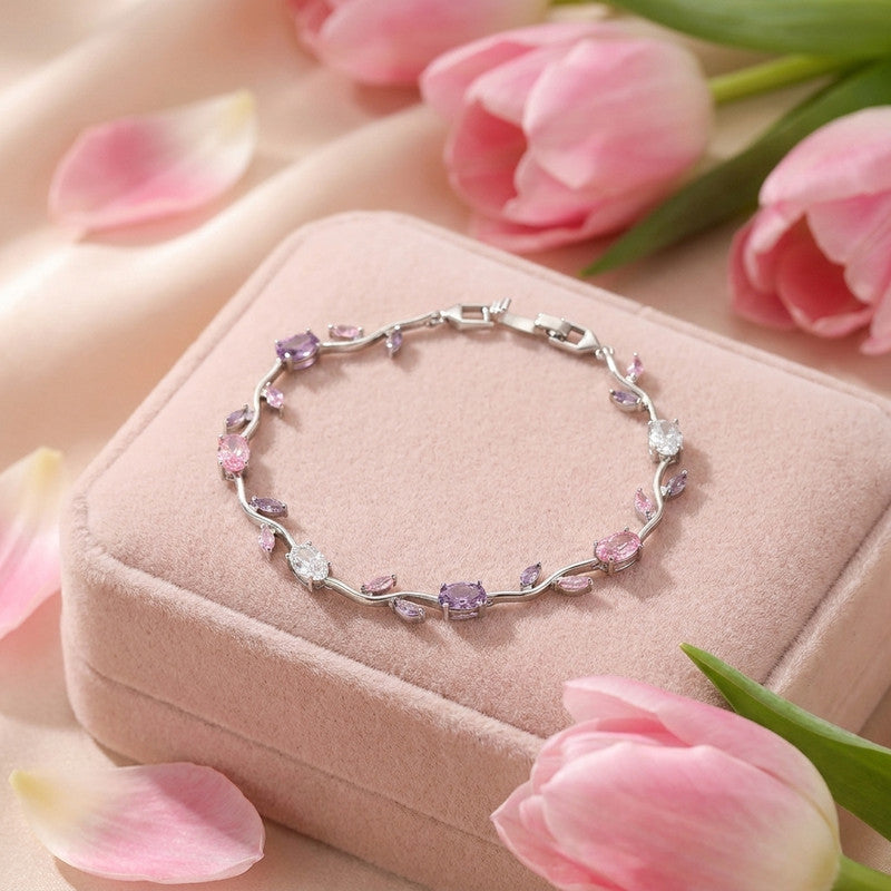 Silver Plated Multicolor Stones Studded Anti Tarnish Tulip Bracelet