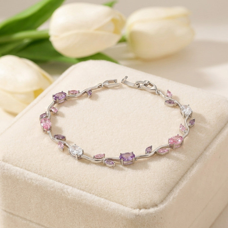 Silver Plated Multicolor Stones Studded Anti Tarnish Tulip Bracelet