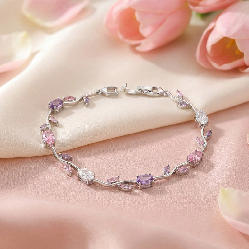 Silver Plated Multicolor Stones Studded Anti Tarnish Tulip Bracelet