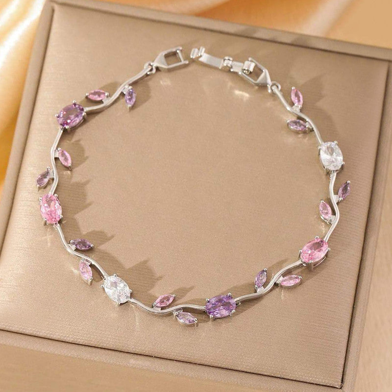 Silver Plated Multicolor Stones Studded Anti Tarnish Tulip Bracelet