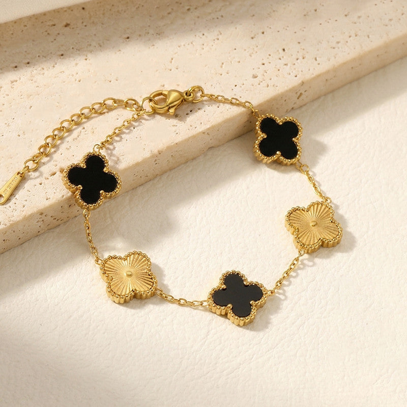Stainless Steel Anti-Tarnish Clover Black Mother of Pearl Link Bracelet For Women
