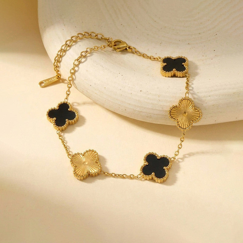 Stainless Steel Anti-Tarnish Clover Black Mother of Pearl Link Bracelet For Women