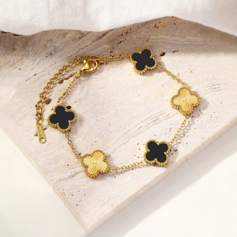 Stainless Steel Anti-Tarnish Clover Black Mother of Pearl Link Bracelet For Women