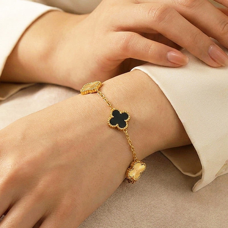 Stainless Steel Anti-Tarnish Clover Black Mother of Pearl Link Bracelet For Women
