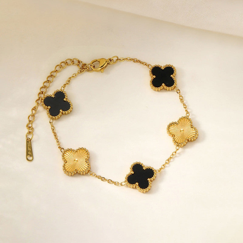 Stainless Steel Anti-Tarnish Clover Black Mother of Pearl Link Bracelet For Women