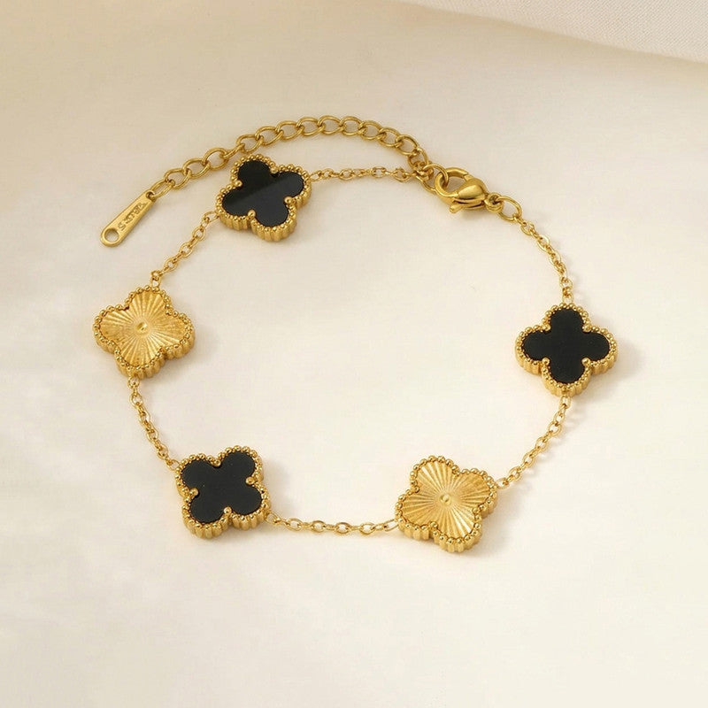 Stainless Steel Anti-Tarnish Clover Black Mother of Pearl Link Bracelet For Women