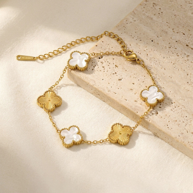 Stainless Steel Anti-Tarnish Clover White Mother of Pearl Link Bracelet For Women