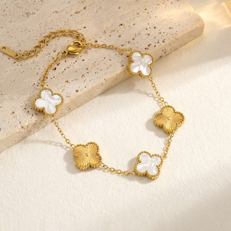 Stainless Steel Anti-Tarnish Clover White Mother of Pearl Link Bracelet For Women