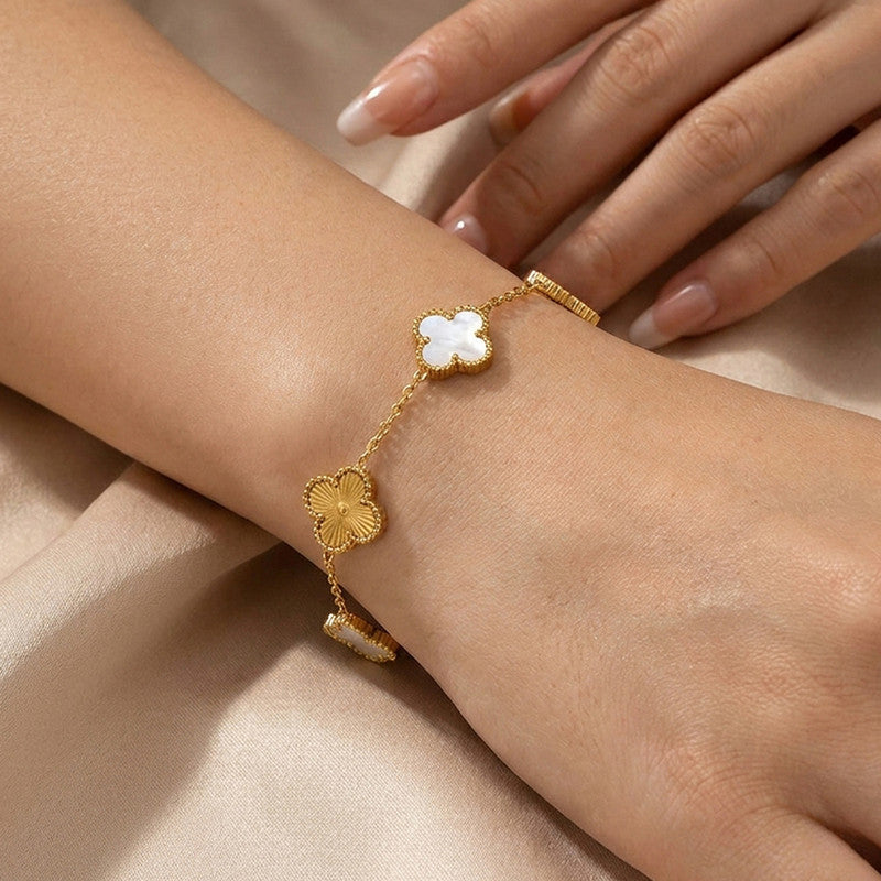 Stainless Steel Anti-Tarnish Clover White Mother of Pearl Link Bracelet For Women