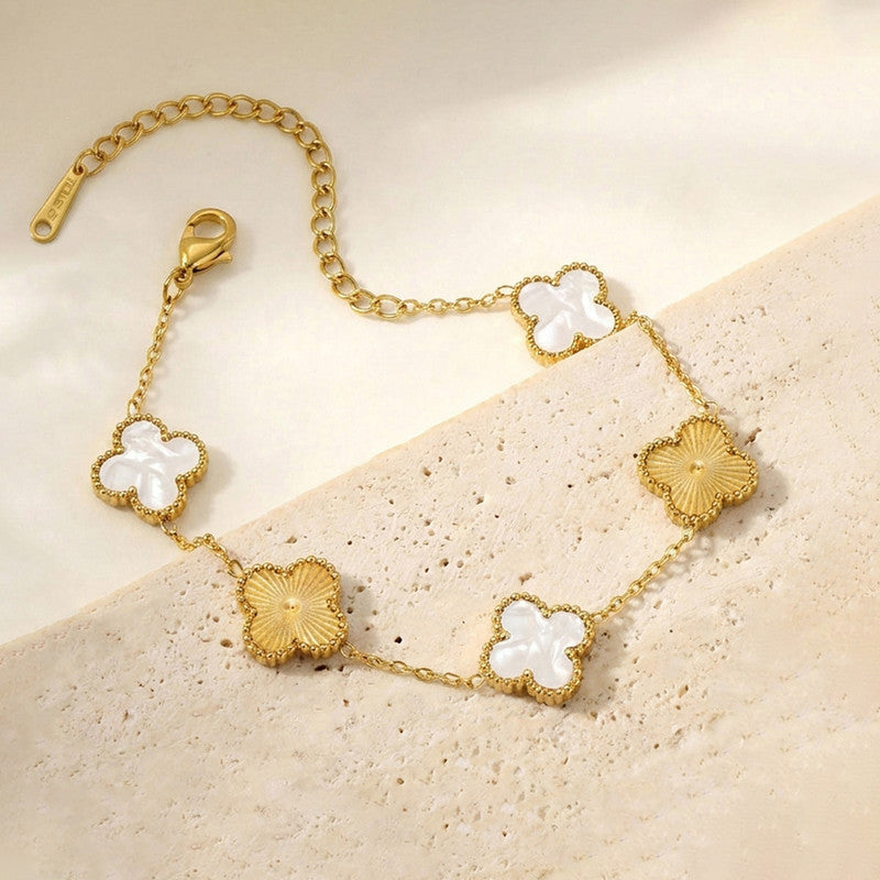 Stainless Steel Anti-Tarnish Clover White Mother of Pearl Link Bracelet For Women