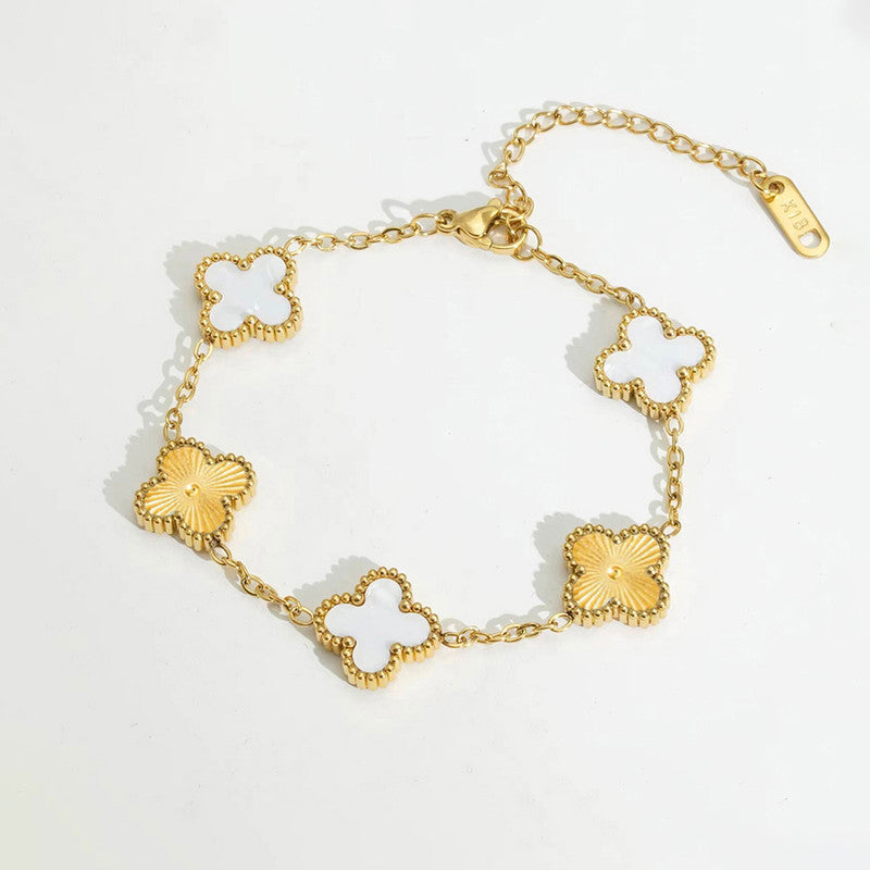 Stainless Steel Anti-Tarnish Clover White Mother of Pearl Link Bracelet For Women