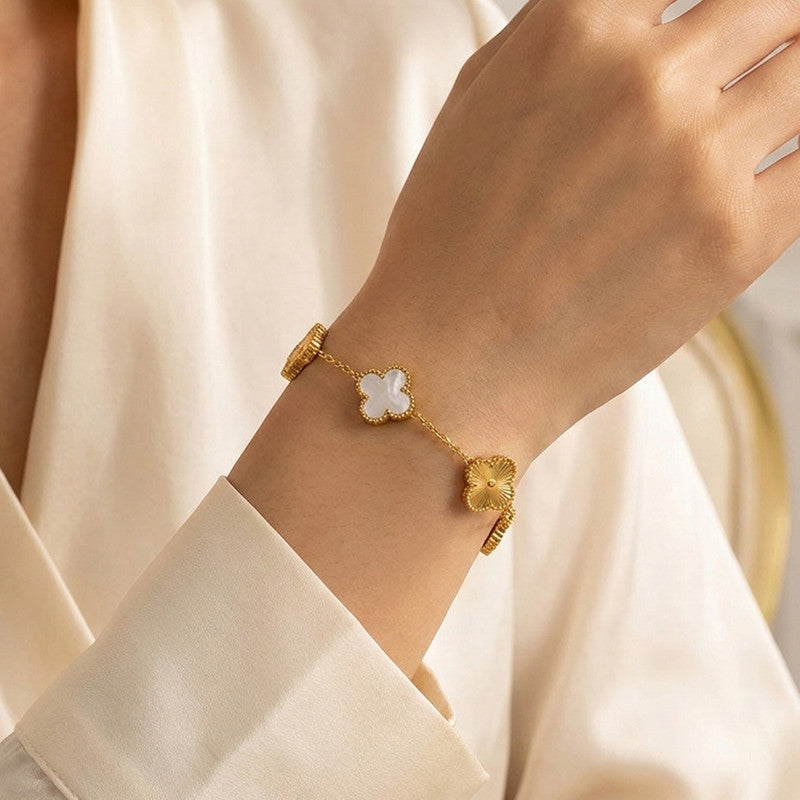 Stainless Steel Anti-Tarnish Clover White Mother of Pearl Link Bracelet For Women