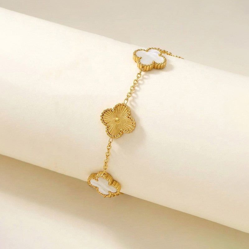 Stainless Steel Anti-Tarnish Clover White Mother of Pearl Link Bracelet For Women