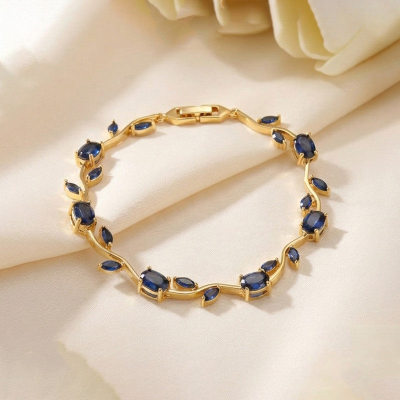 Gold Plated Navy Blue Stones Studded Anti Tarnish Tulip Bracelet