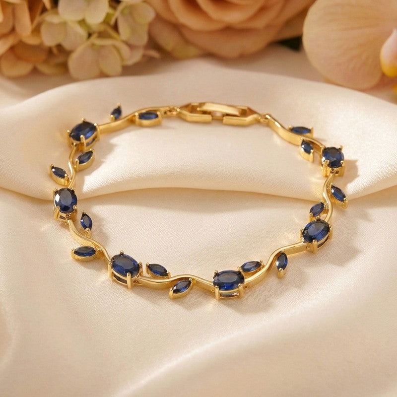 Gold Plated Navy Blue Stones Studded Anti Tarnish Tulip Bracelet