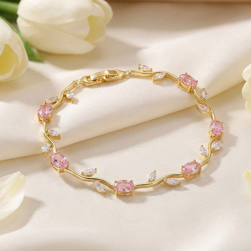 Gold Plated Pink and White Stones Studded Anti Tarnish Tulip Bracelet