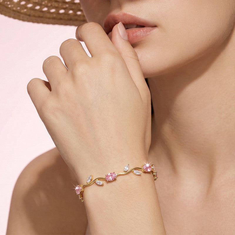 Gold Plated Pink and White Stones Studded Anti Tarnish Tulip Bracelet