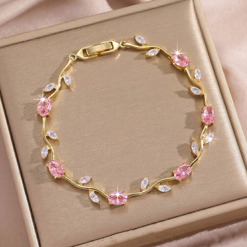 Gold Plated Pink and White Stones Studded Anti Tarnish Tulip Bracelet