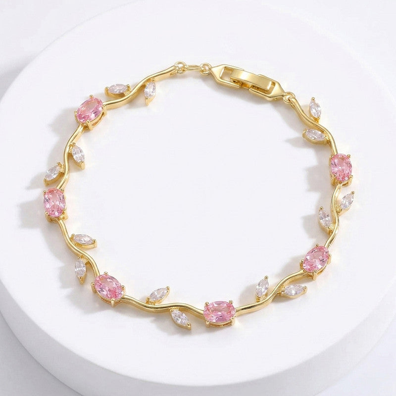 Gold Plated Pink and White Stones Studded Anti Tarnish Tulip Bracelet