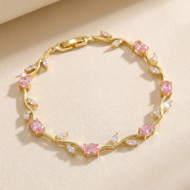 Gold Plated Pink and White Stones Studded Anti Tarnish Tulip Bracelet