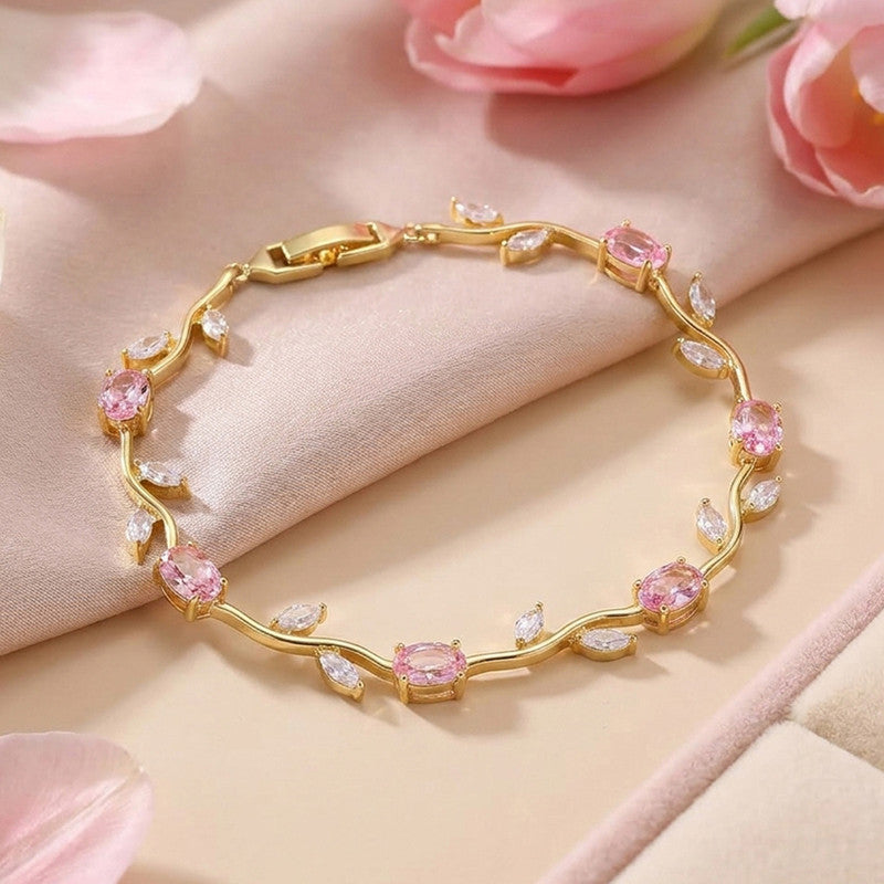 Gold Plated Pink and White Stones Studded Anti Tarnish Tulip Bracelet