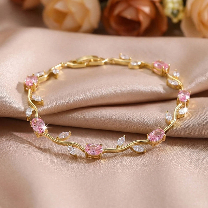 Gold Plated Pink and White Stones Studded Anti Tarnish Tulip Bracelet