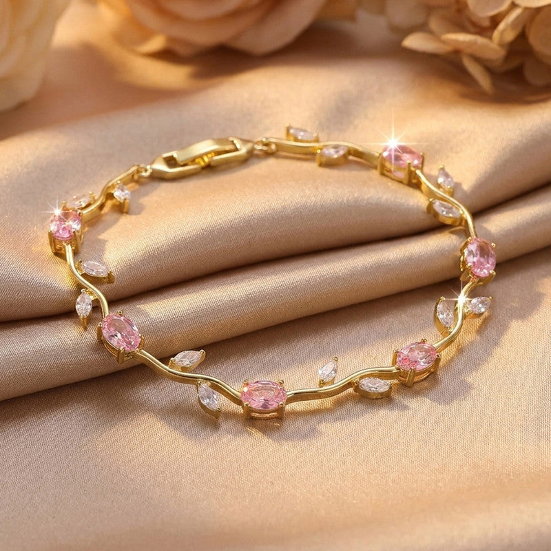 Gold Plated Pink and White Stones Studded Anti Tarnish Tulip Bracelet