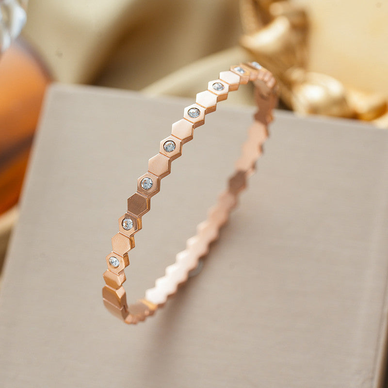 Rose Gold-Plated AD Bangle-Style Hexagonal Anti Tarnish Bracelet