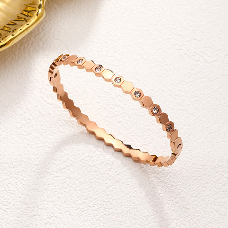 Rose Gold-Plated AD Bangle-Style Hexagonal Anti Tarnish Bracelet