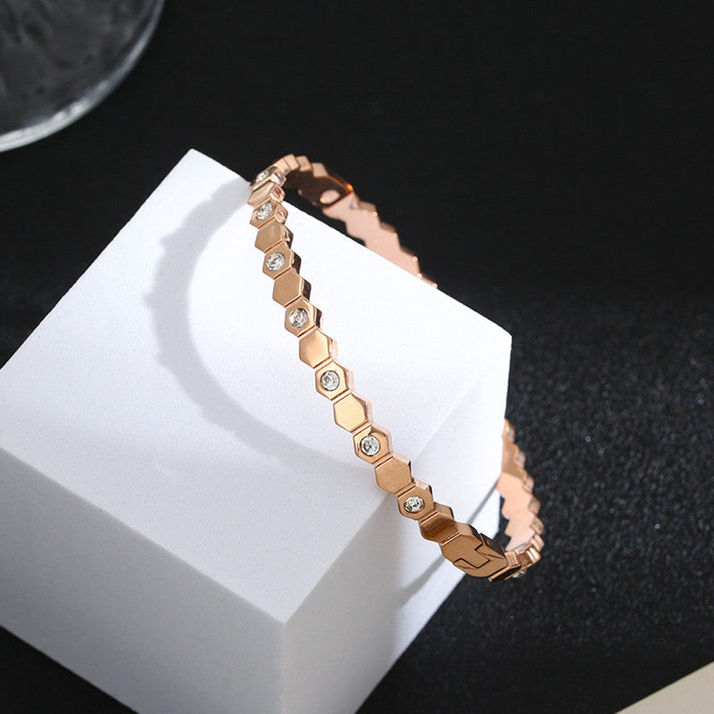 Rose Gold-Plated AD Bangle-Style Hexagonal Anti Tarnish Bracelet