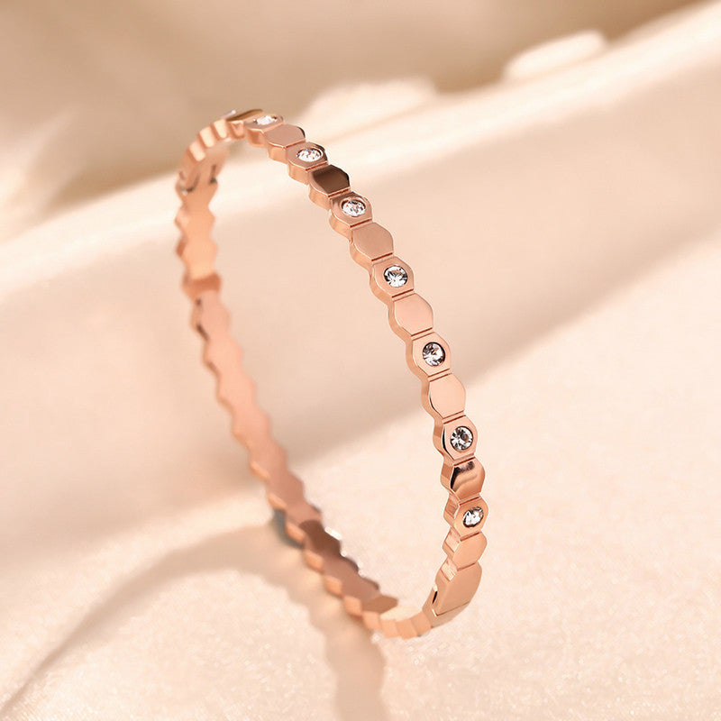 Rose Gold-Plated AD Bangle-Style Hexagonal Anti Tarnish Bracelet