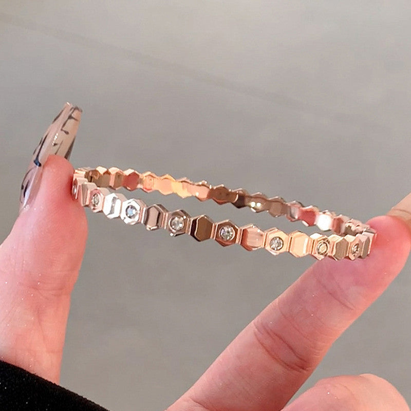 Rose Gold-Plated AD Bangle-Style Hexagonal Anti Tarnish Bracelet