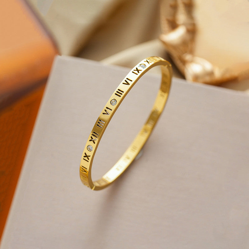 Gold-Plated AD Bangle-Style Anti Tarnish Roman Numerals Bracelet