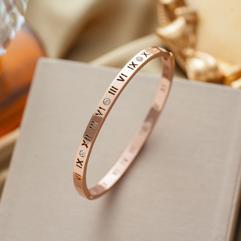 Rose Gold-Plated AD Bangle-Style Anti Tarnish Roman Numerals Bracelet