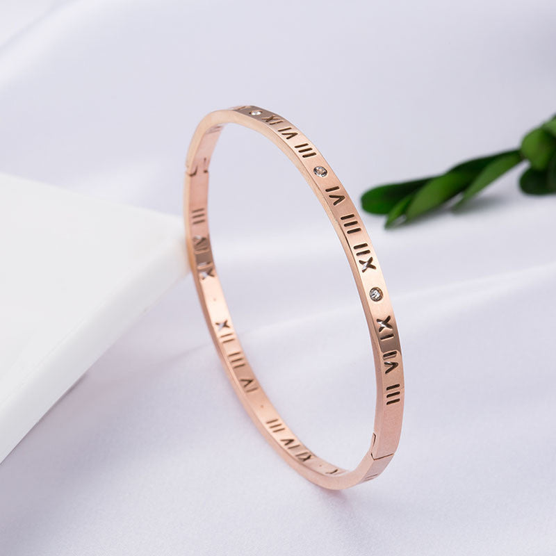 Rose Gold-Plated AD Bangle-Style Anti Tarnish Roman Numerals Bracelet