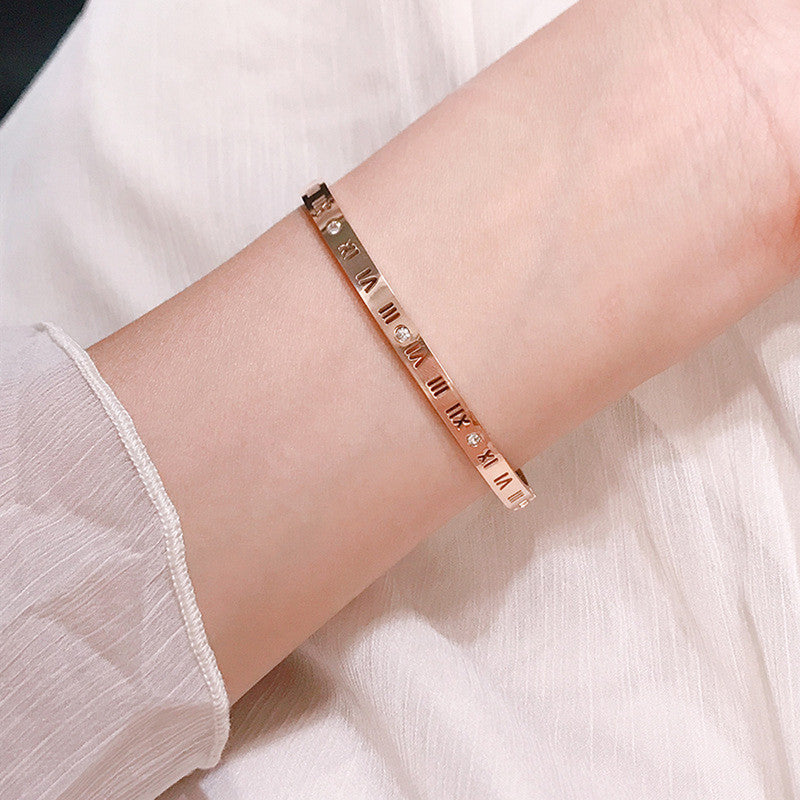 Rose Gold-Plated AD Bangle-Style Anti Tarnish Roman Numerals Bracelet