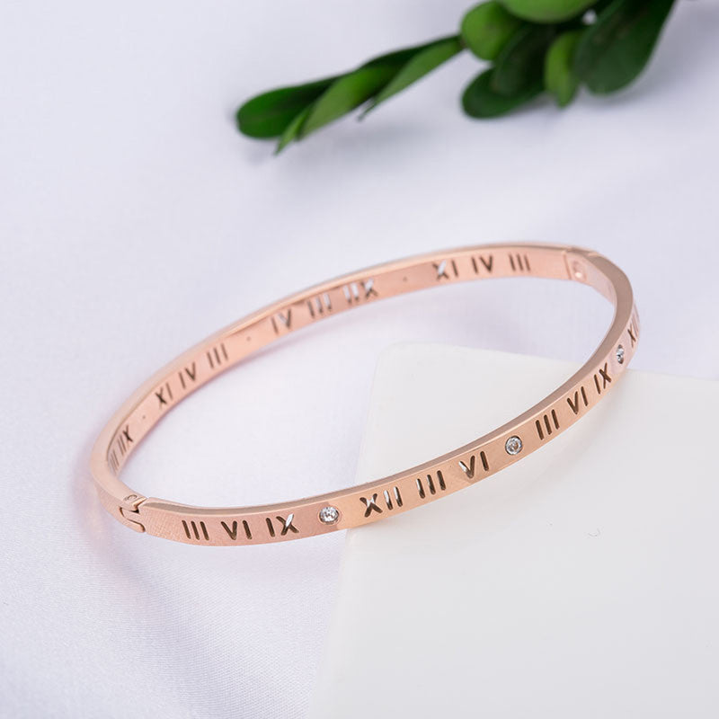 Rose Gold-Plated AD Bangle-Style Anti Tarnish Roman Numerals Bracelet