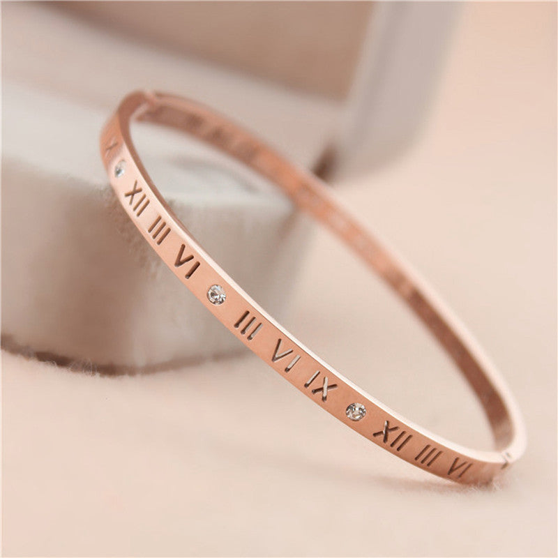 Rose Gold-Plated AD Bangle-Style Anti Tarnish Roman Numerals Bracelet