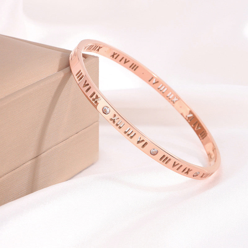 Rose Gold-Plated AD Bangle-Style Anti Tarnish Roman Numerals Bracelet