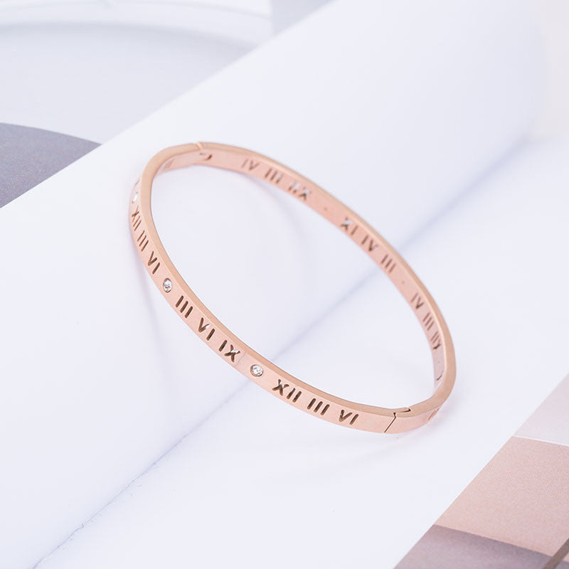 Rose Gold-Plated AD Bangle-Style Anti Tarnish Roman Numerals Bracelet