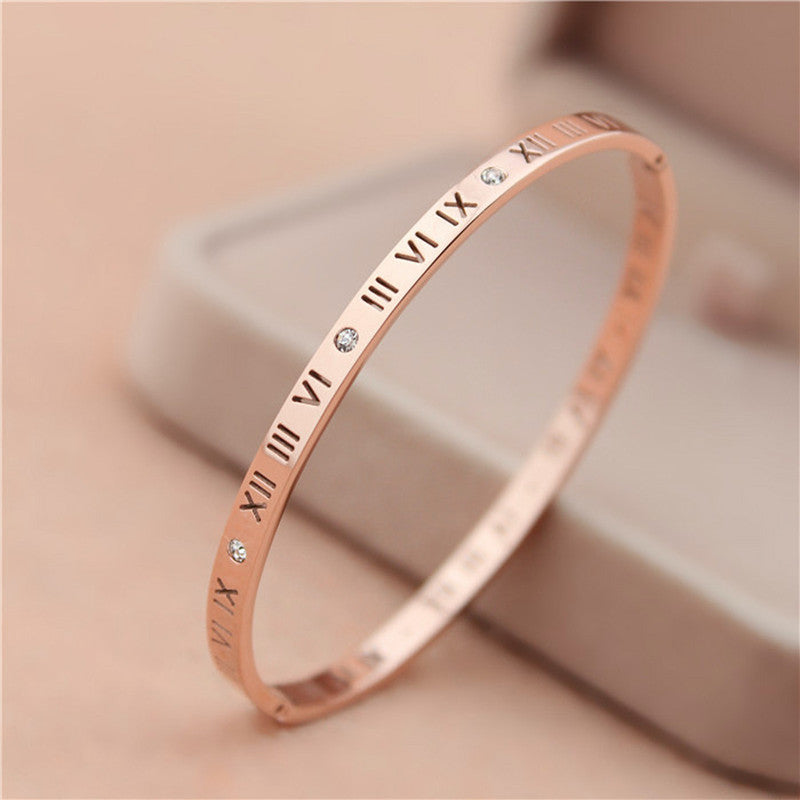 Rose Gold-Plated AD Bangle-Style Anti Tarnish Roman Numerals Bracelet