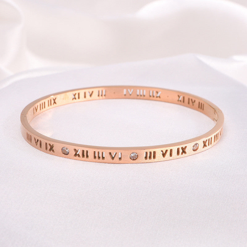 Rose Gold-Plated AD Bangle-Style Anti Tarnish Roman Numerals Bracelet