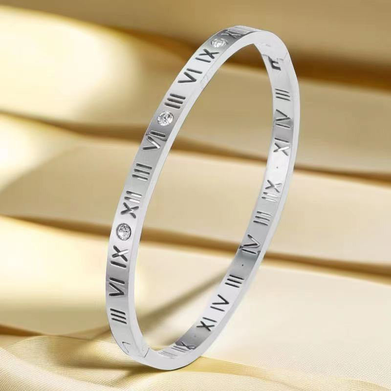 Silver-Plated AD Bangle-Style Anti Tarnish Roman Numerals Bracelet